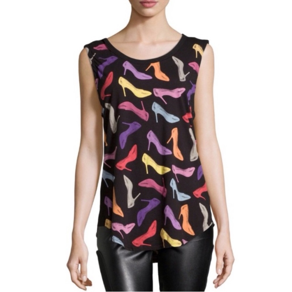 Like New! Chaser Black Multi Colored Shoe Print Tank Top